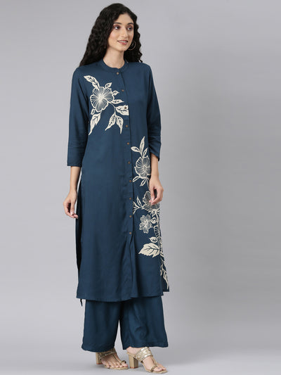 Neerus Green Straight Casual Floral Kurta and Plazzo