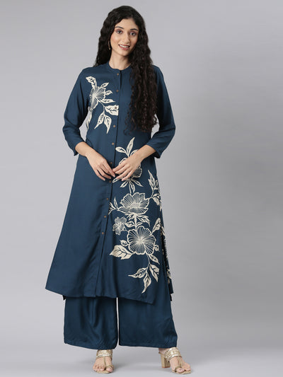 Neerus Green Straight Casual Floral Kurta and Plazzo