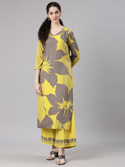 Neerus Yellow Straight Casual Floral Kurta and Plazzo