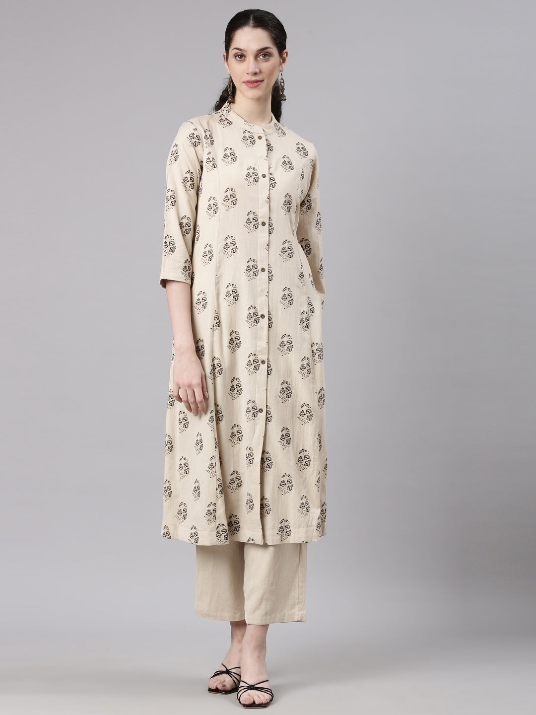 Neerus Beige Straight Casual Floral Kurta and Trouser