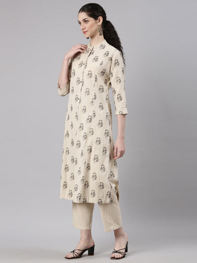 Neerus Beige Straight Casual Floral Kurta and Trouser