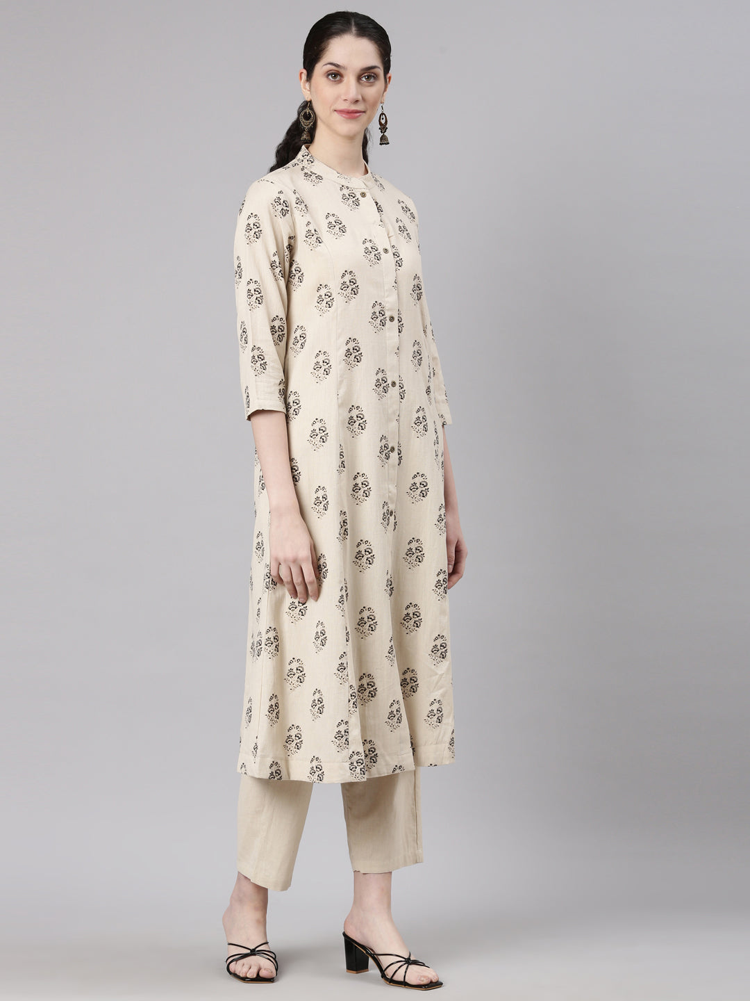 Neerus Beige Straight Casual Floral Kurta and Trouser