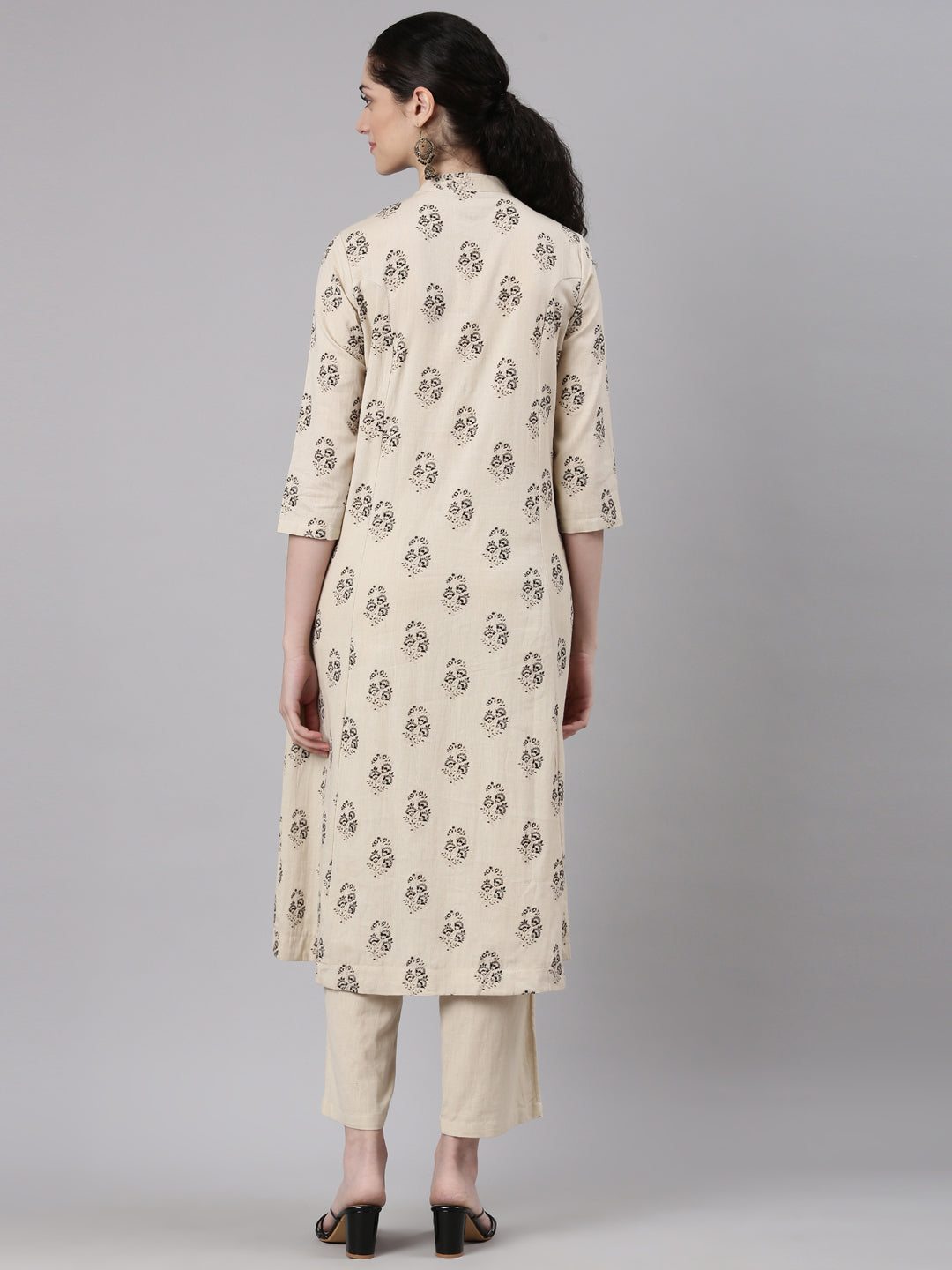 Neerus Beige Straight Casual Floral Kurta and Trouser