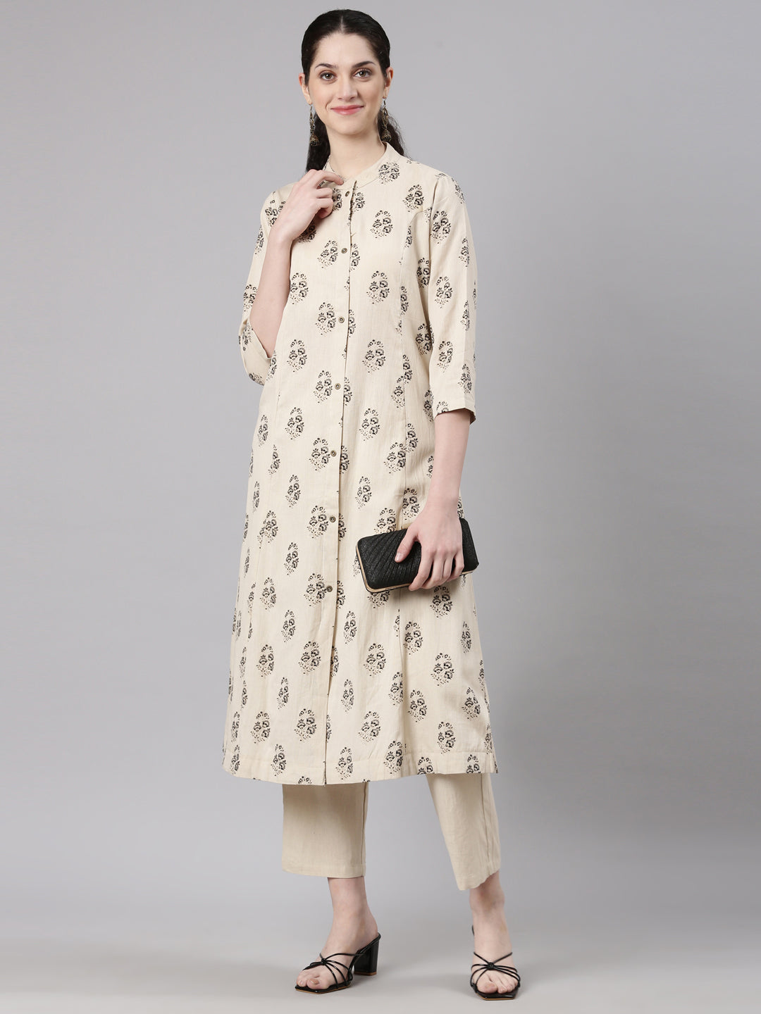 Neerus Beige Straight Casual Floral Kurta and Trouser