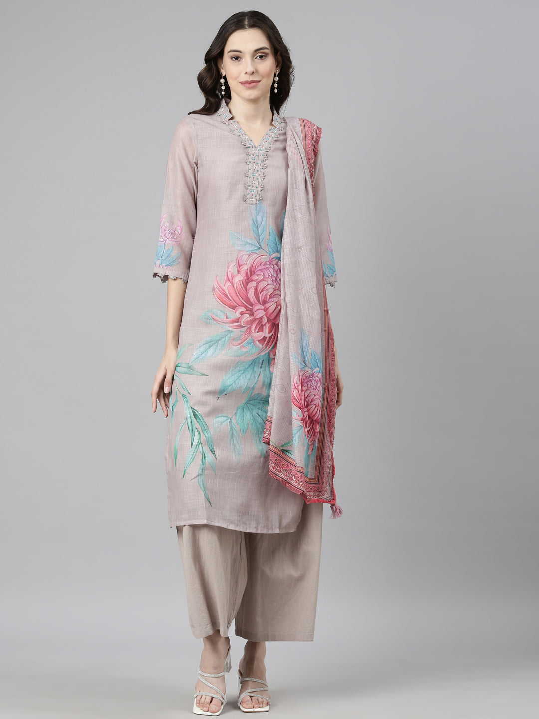 Neerus Grey Casual Floral Straight Kurta and Palazzos With Dupatta