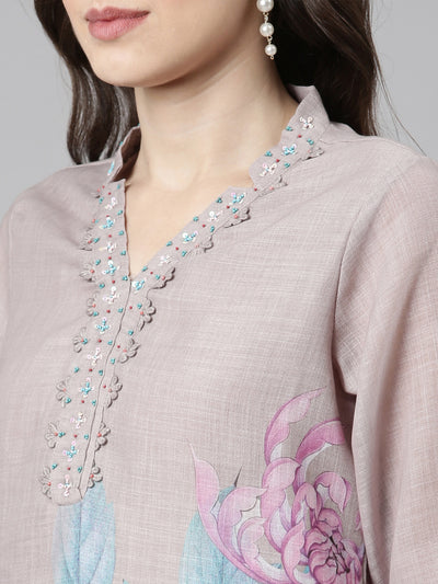 Neerus Grey Casual Floral Straight Kurta and Palazzos With Dupatta