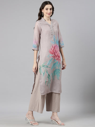 Neerus Grey Casual Floral Straight Kurta and Palazzos With Dupatta