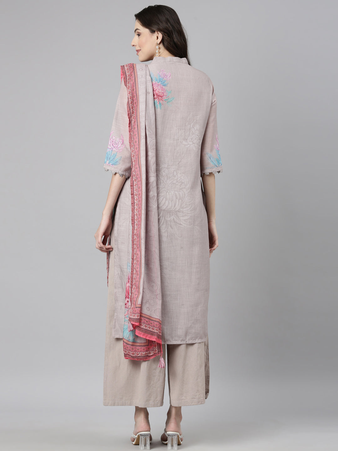 Neerus Grey Casual Floral Straight Kurta and Palazzos With Dupatta