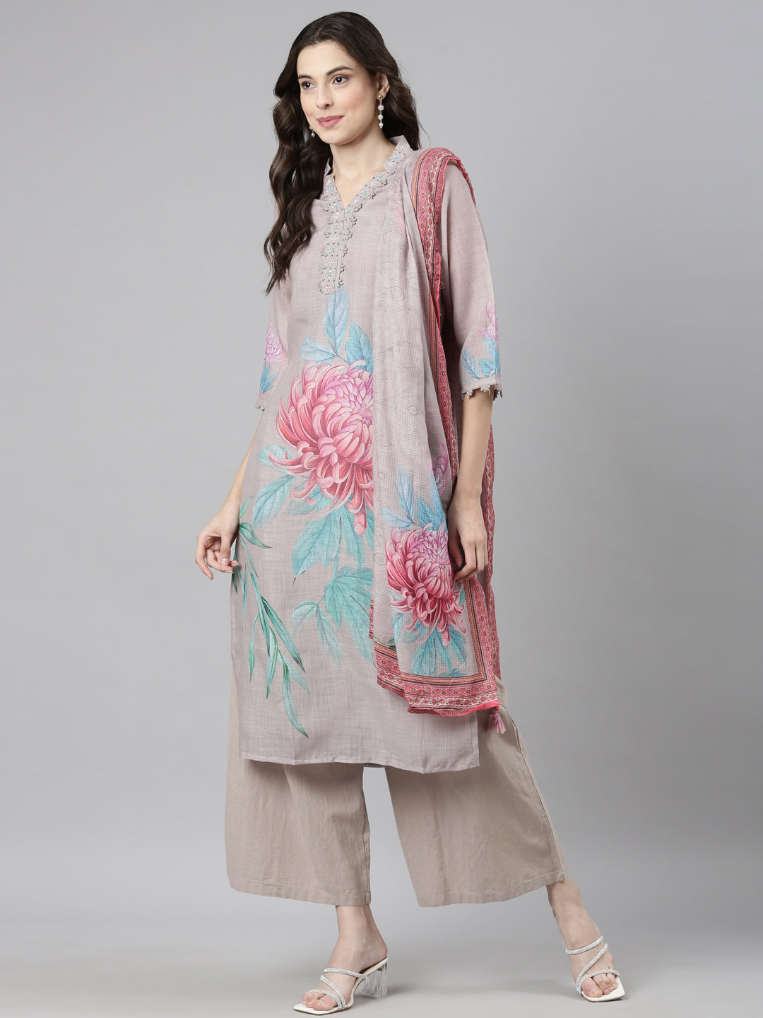 Neerus Grey Casual Floral Straight Kurta and Palazzos With Dupatta