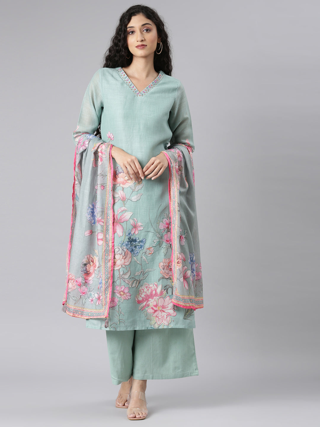 Neerus Green Straight Casual Floral Kurta and plazzo with Dupatta