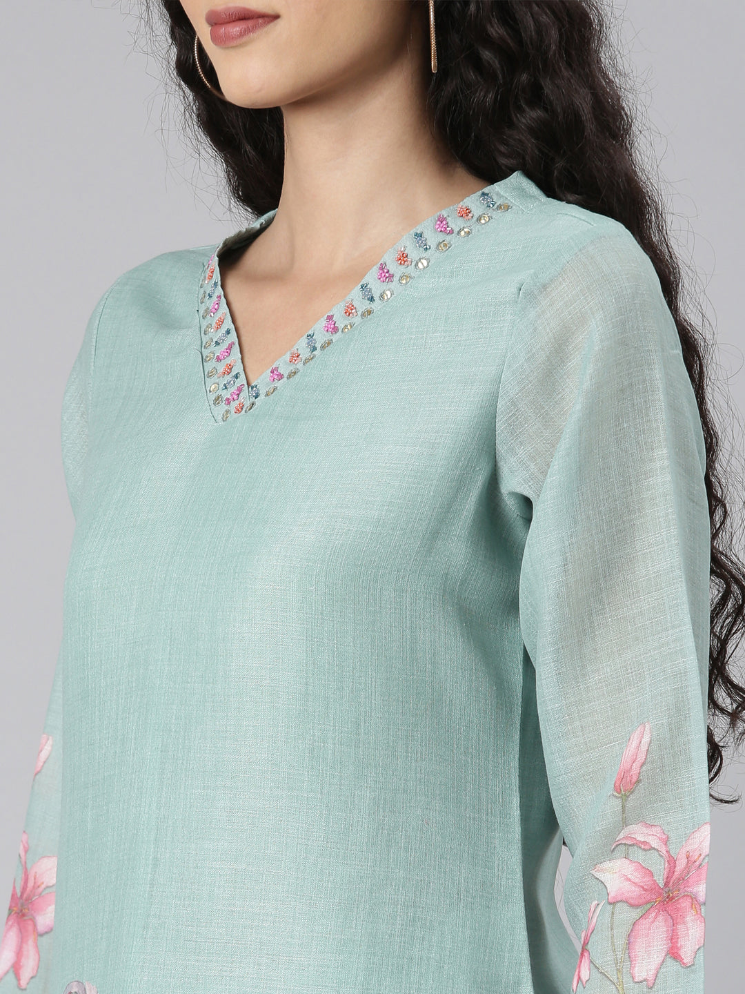 Neerus Green Straight Casual Floral Kurta and plazzo with Dupatta