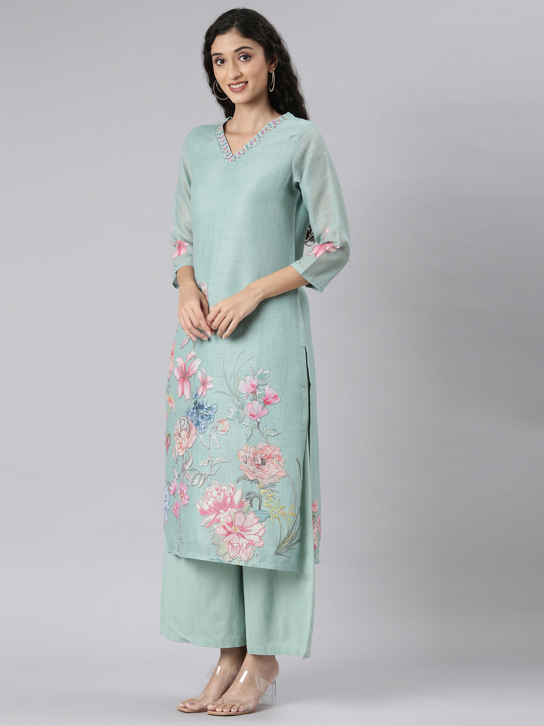 Neerus Green Straight Casual Floral Kurta and plazzo with Dupatta