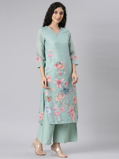 Neerus Green Straight Casual Floral Kurta and plazzo with Dupatta