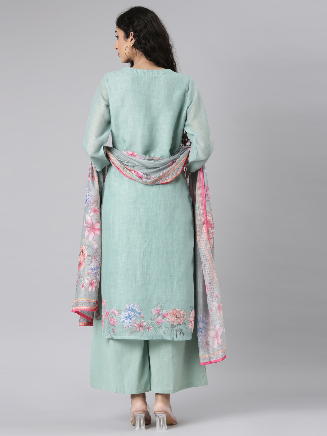 Neerus Green Straight Casual Floral Kurta and plazzo with Dupatta