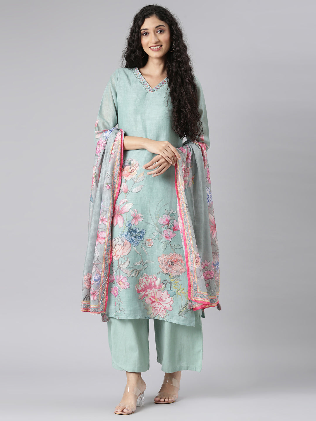 Neerus Green Straight Casual Floral Kurta and plazzo with Dupatta