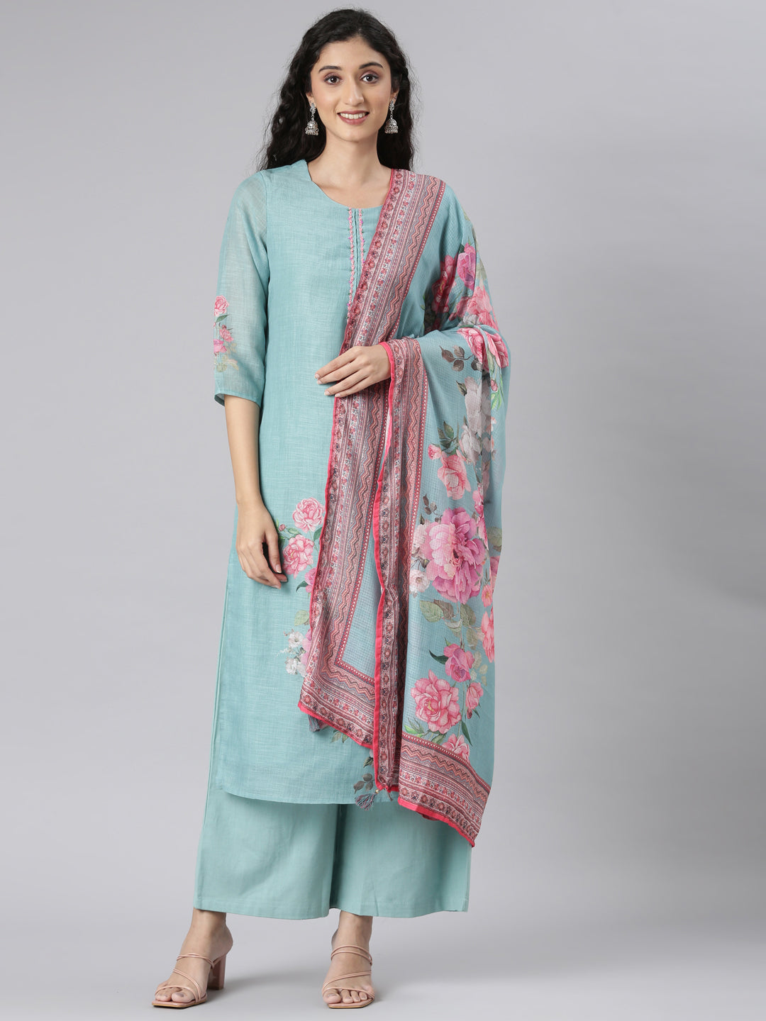 Neerus Green Straight Casual Floral Kurta and plazzo with Dupatta