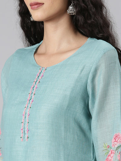 Neerus Green Straight Casual Floral Kurta and plazzo with Dupatta