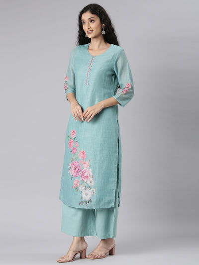 Neerus Green Straight Casual Floral Kurta and plazzo with Dupatta