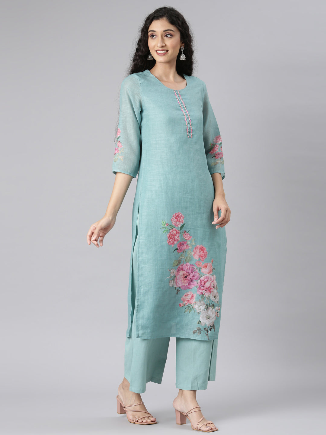 Neerus Green Straight Casual Floral Kurta and plazzo with Dupatta