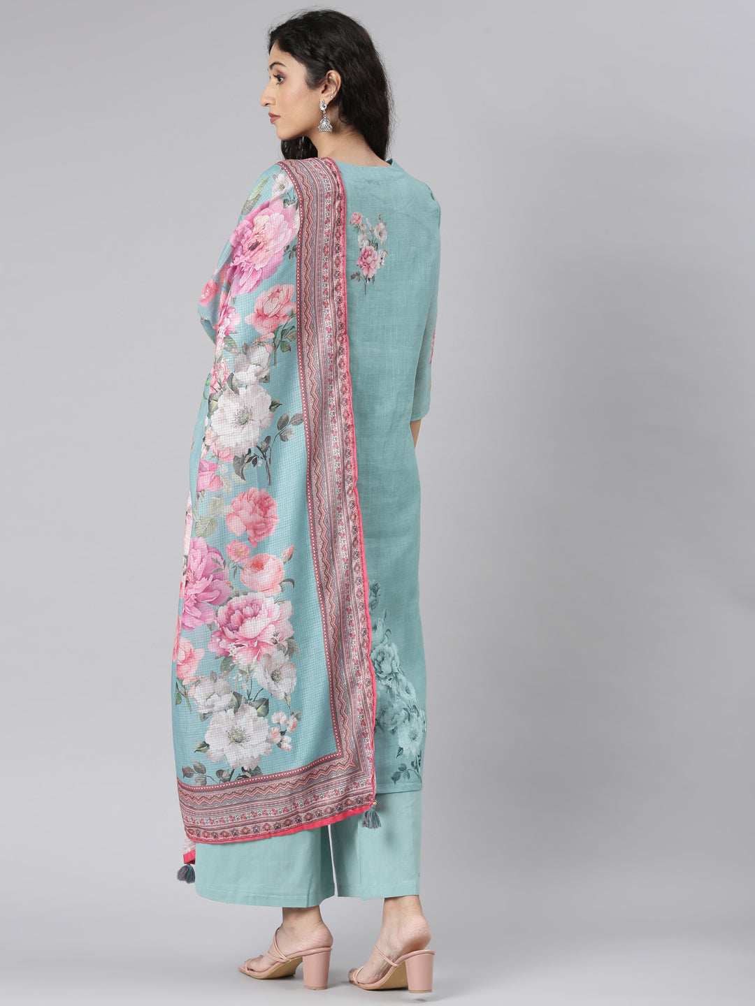 Neerus Green Straight Casual Floral Kurta and plazzo with Dupatta