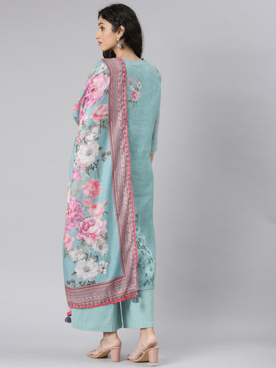 Neerus Green Straight Casual Floral Kurta and plazzo with Dupatta