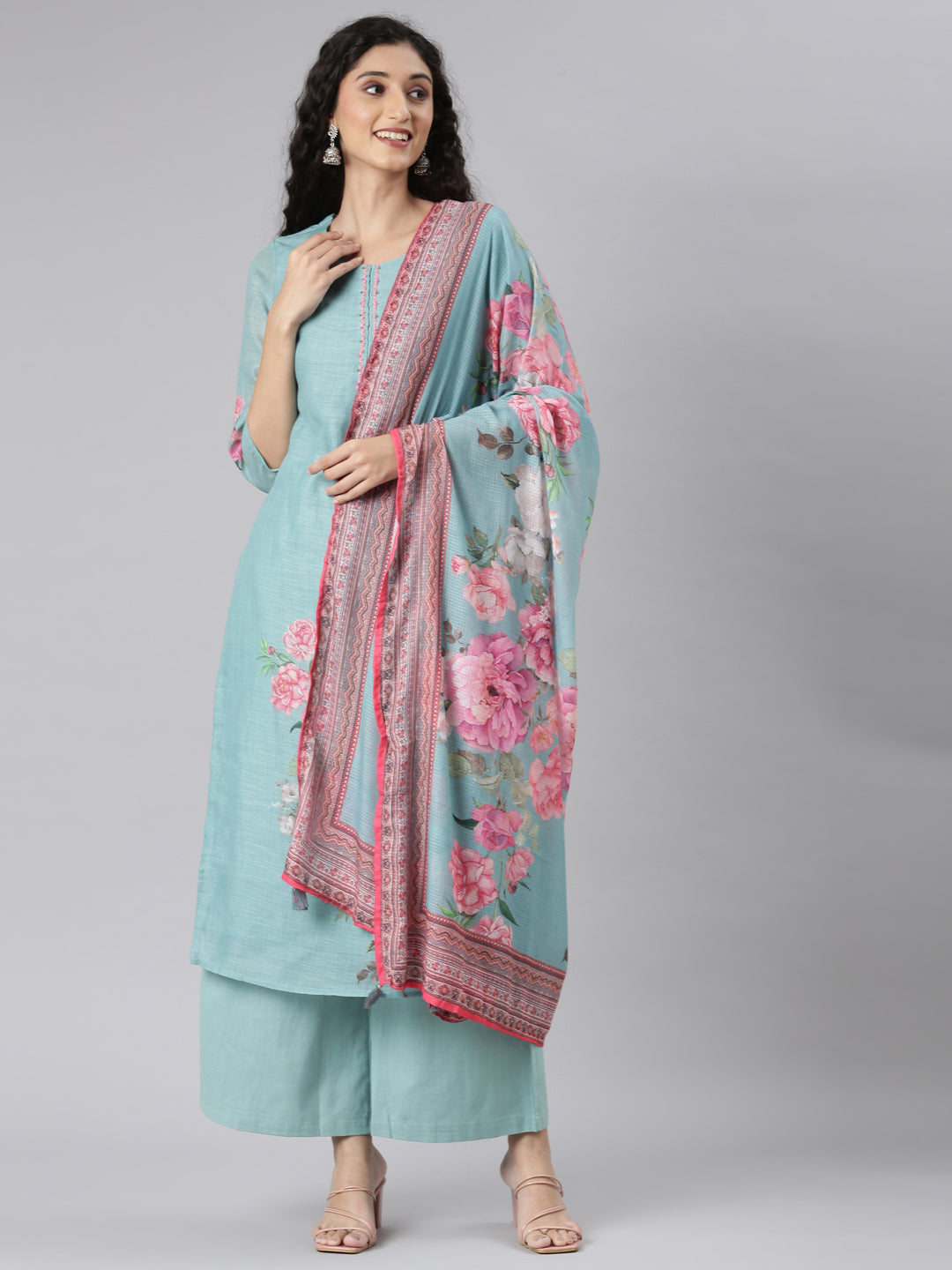 Neerus Green Straight Casual Floral Kurta and plazzo with Dupatta