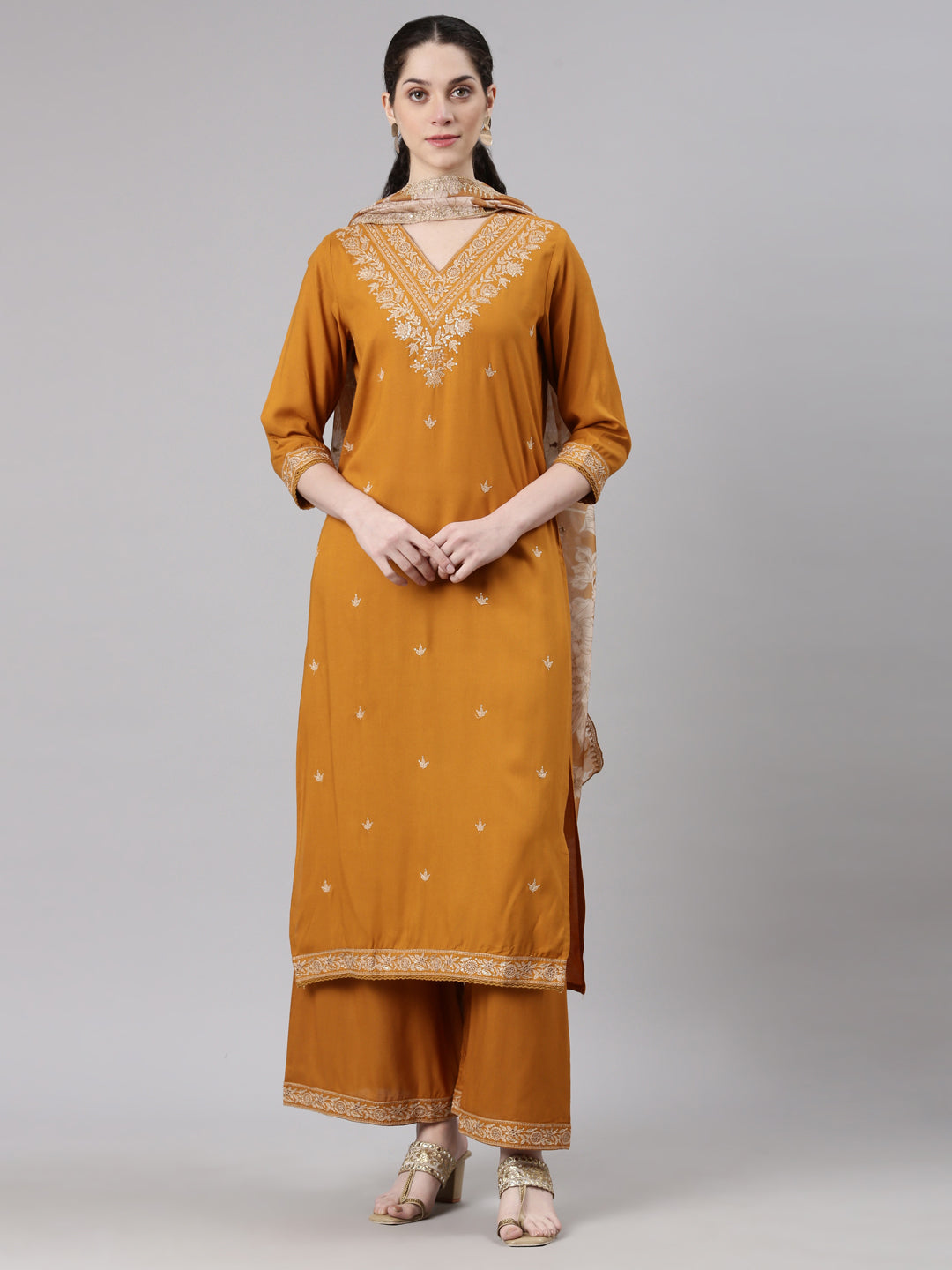 Neerus Gold Straight Casual Solid Kurta and Plazzo with Dupatta