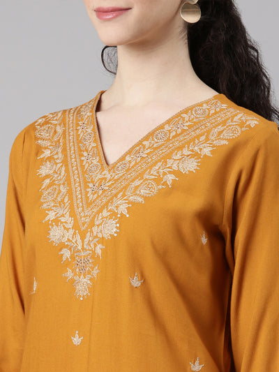 Neerus Gold Straight Casual Solid Kurta and Plazzo with Dupatta