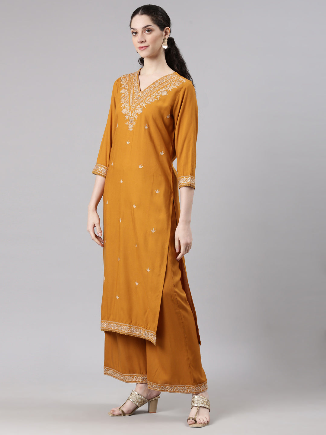 Neerus Gold Straight Casual Solid Kurta and Plazzo with Dupatta