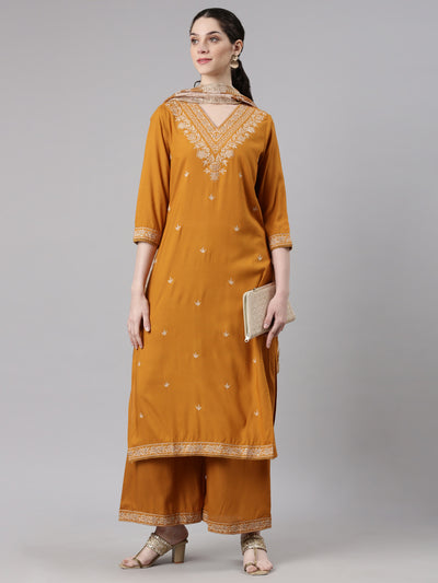 Neerus Gold Straight Casual Solid Kurta and Plazzo with Dupatta