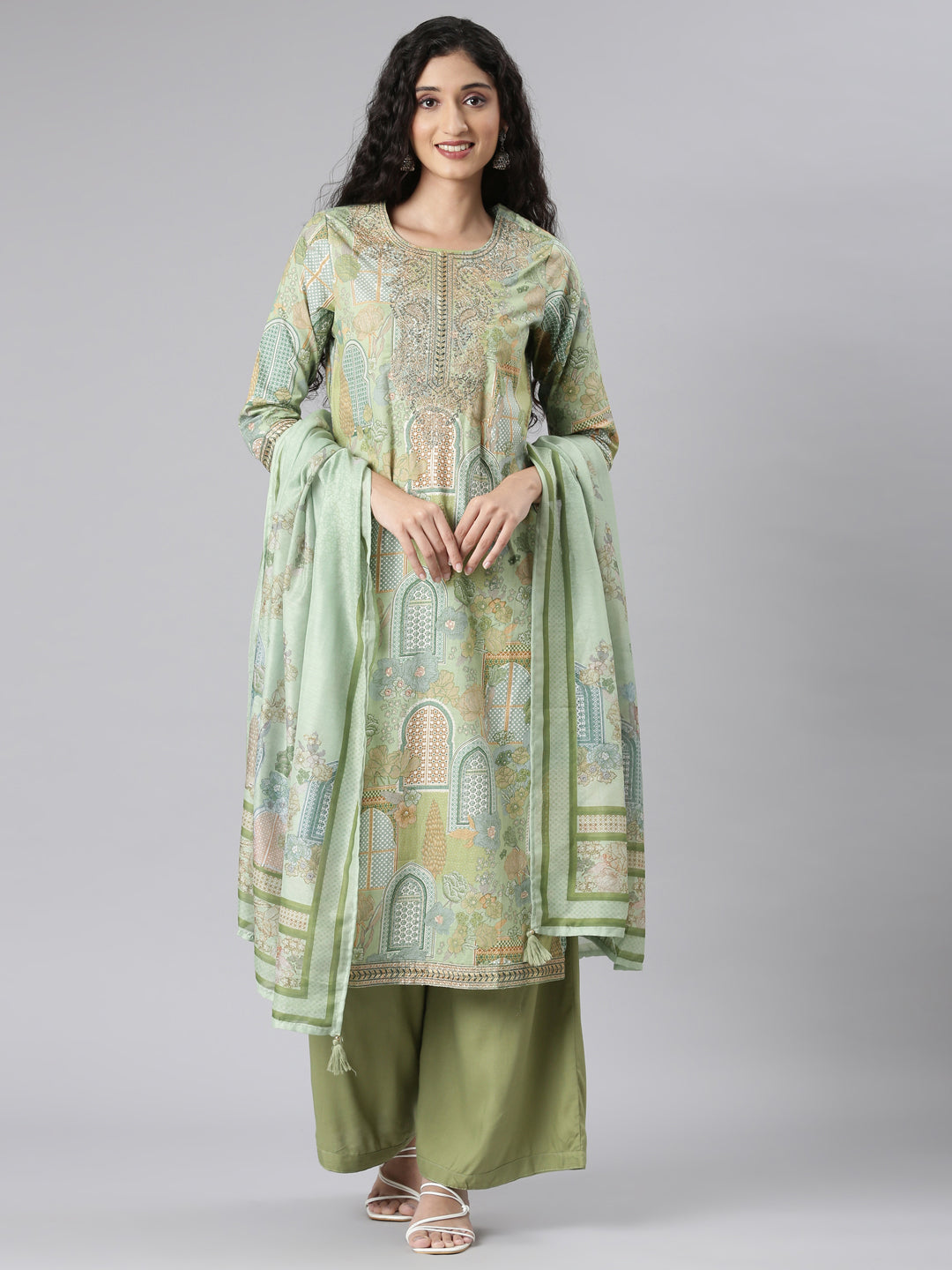 Neerus Green Straight Casual Floral Kurta and Plazzo with Dupatta