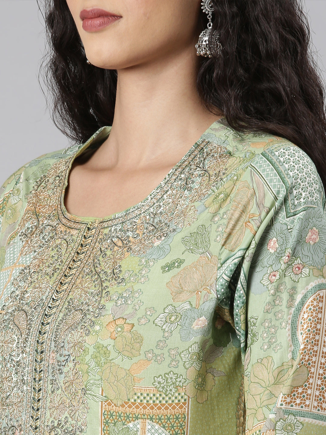 Neerus Green Straight Casual Floral Kurta and Plazzo with Dupatta