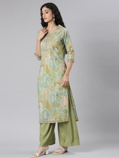 Neerus Green Straight Casual Floral Kurta and Plazzo with Dupatta