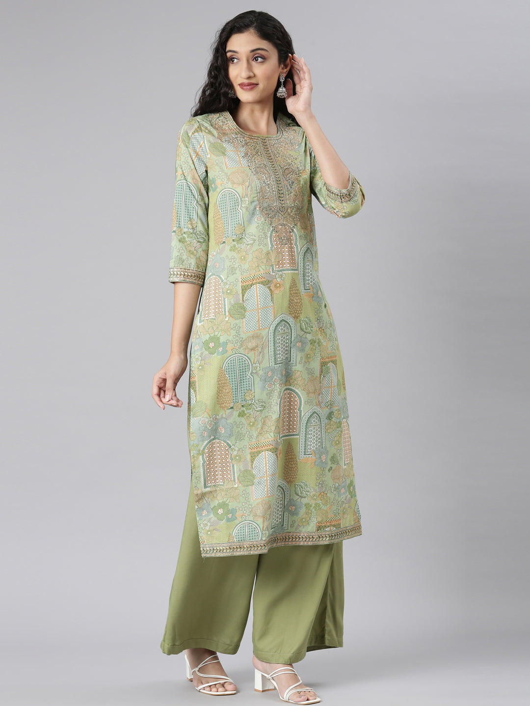 Neerus Green Straight Casual Floral Kurta and Plazzo with Dupatta