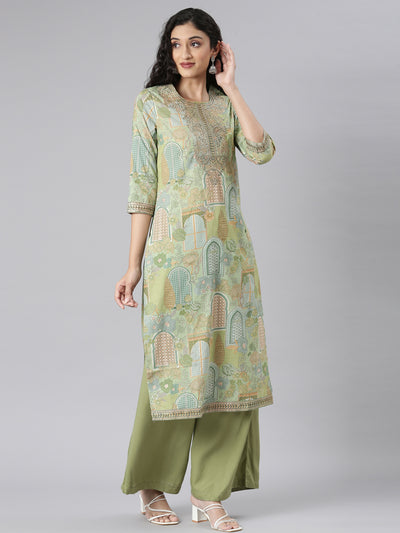 Neerus Green Straight Casual Floral Kurta and Plazzo with Dupatta