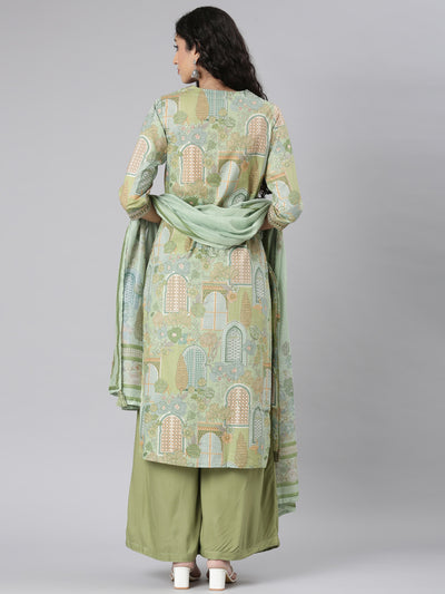 Neerus Green Straight Casual Floral Kurta and Plazzo with Dupatta