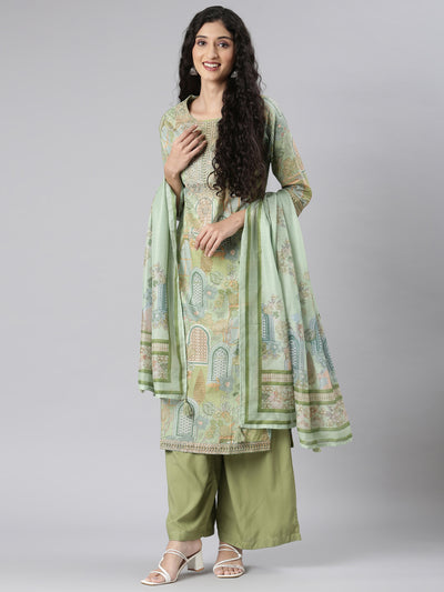 Neerus Green Straight Casual Floral Kurta and Plazzo with Dupatta