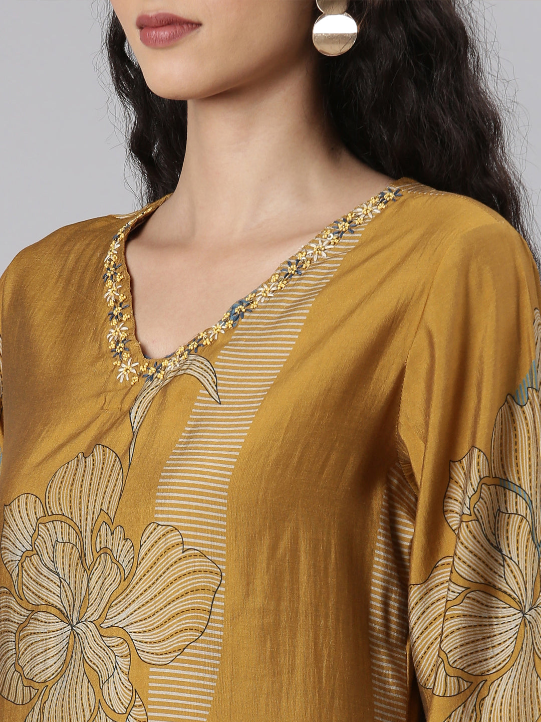 Neerus Gold Straight Casual Floral Kurta and Trouser with Dupatta