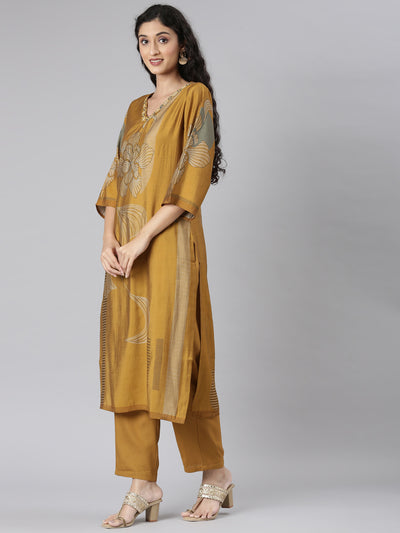 Neerus Gold Straight Casual Floral Kurta and Trouser with Dupatta