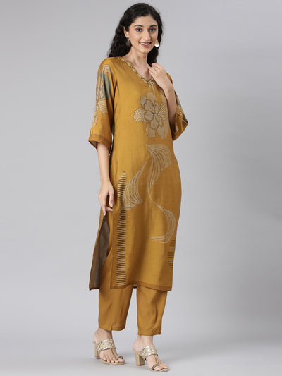 Neerus Gold Straight Casual Floral Kurta and Trouser with Dupatta