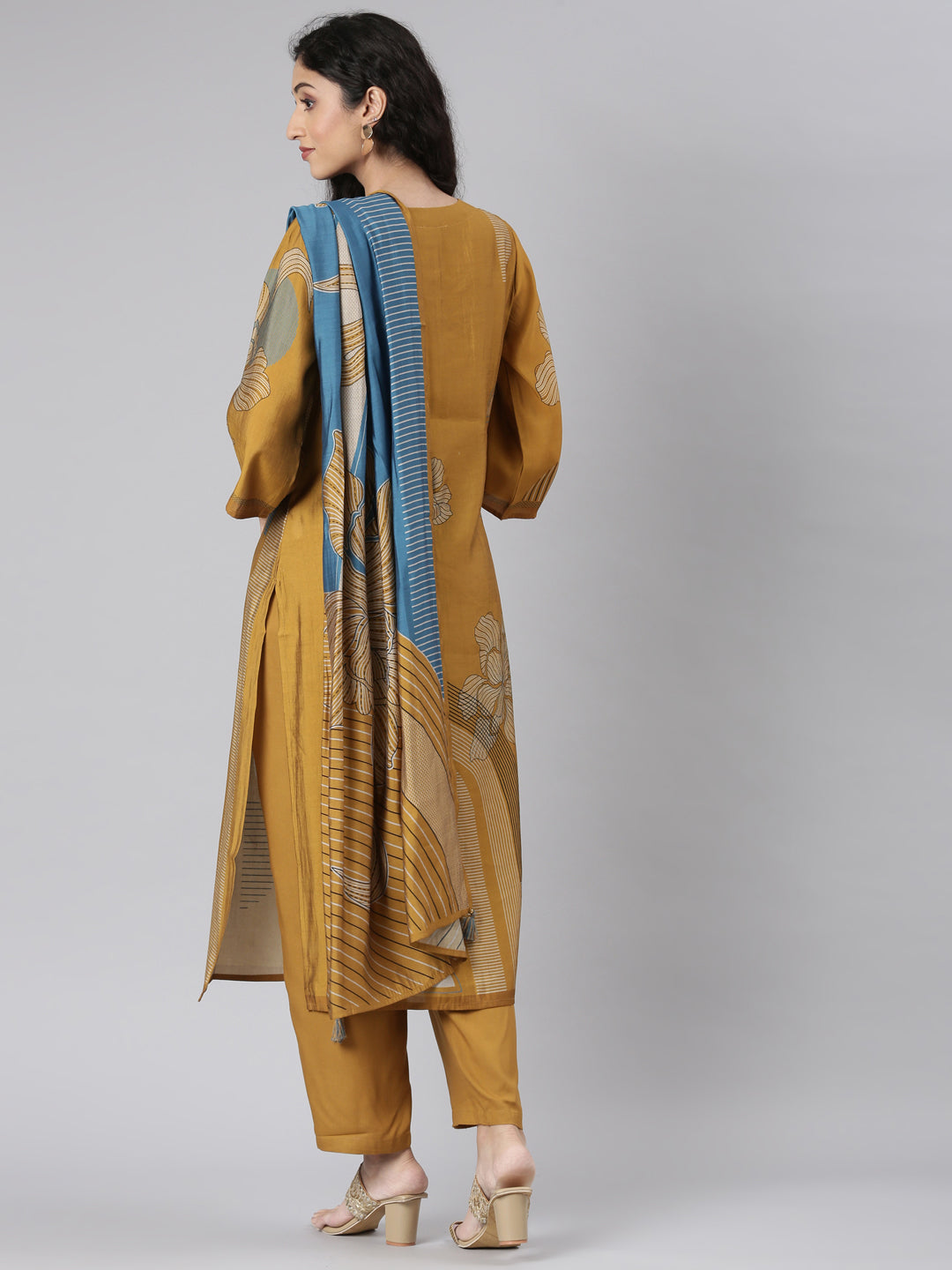 Neerus Gold Straight Casual Floral Kurta and Trouser with Dupatta