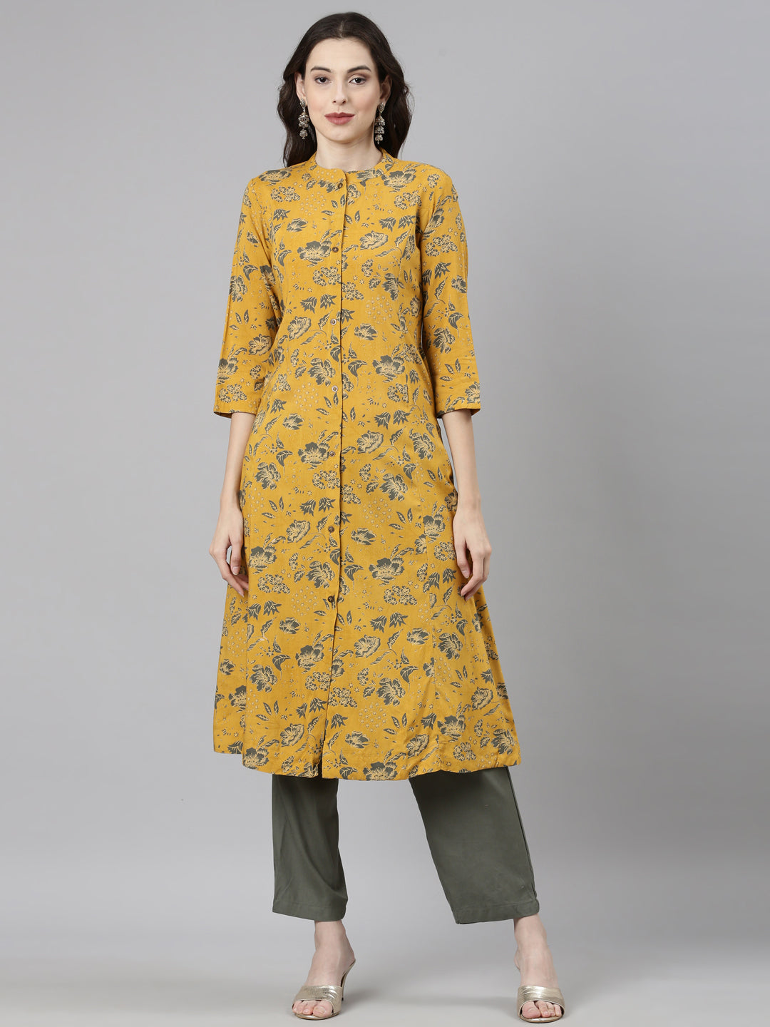 Neerus Mustard Casual Floral Straight Kurta and Trousers