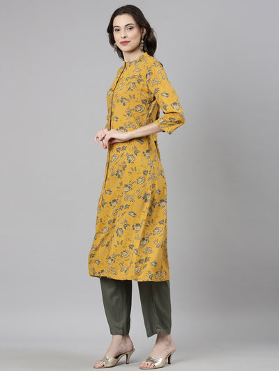 Neerus Mustard Casual Floral Straight Kurta and Trousers