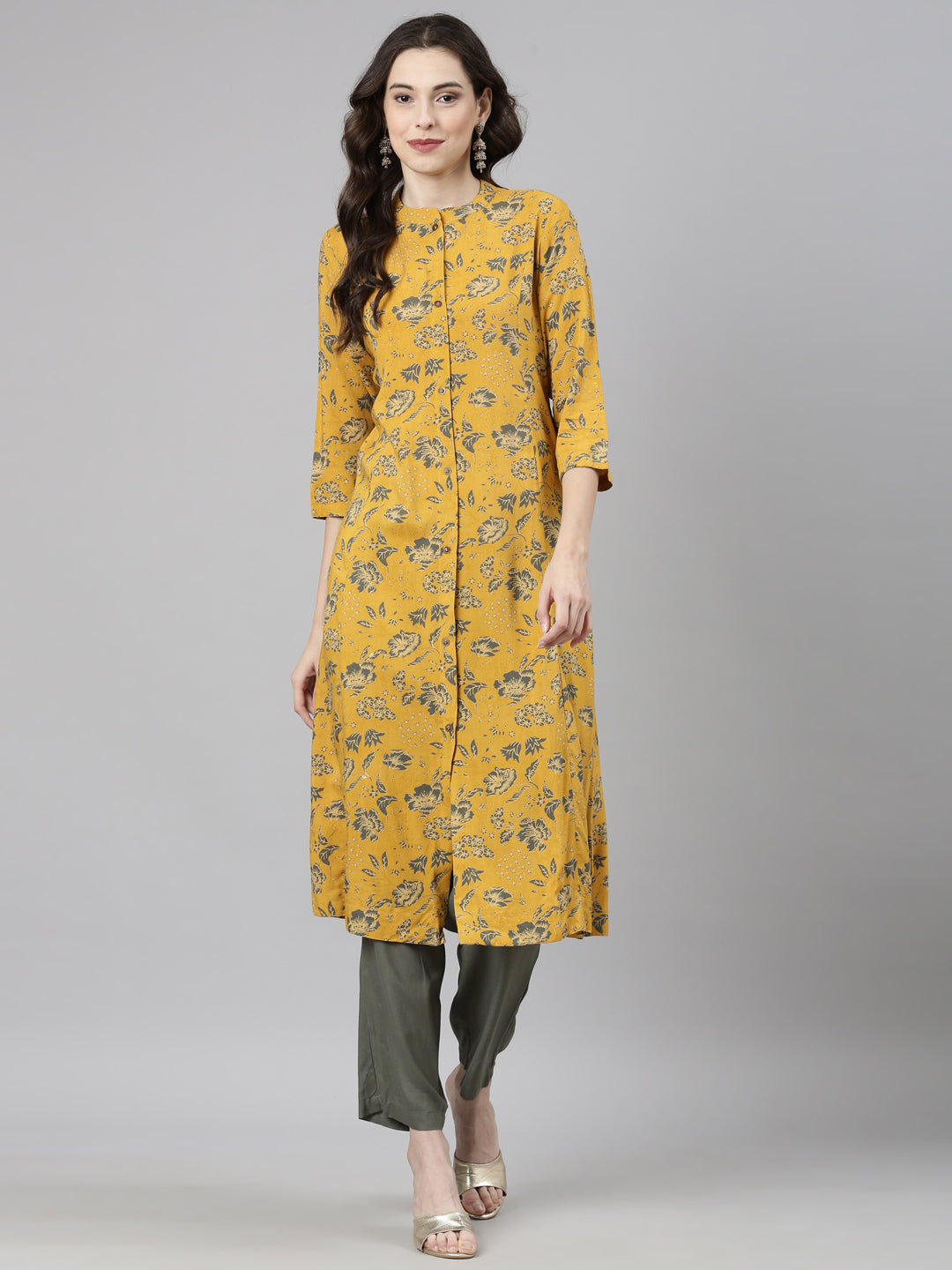 Neerus Mustard Casual Floral Straight Kurta and Trousers