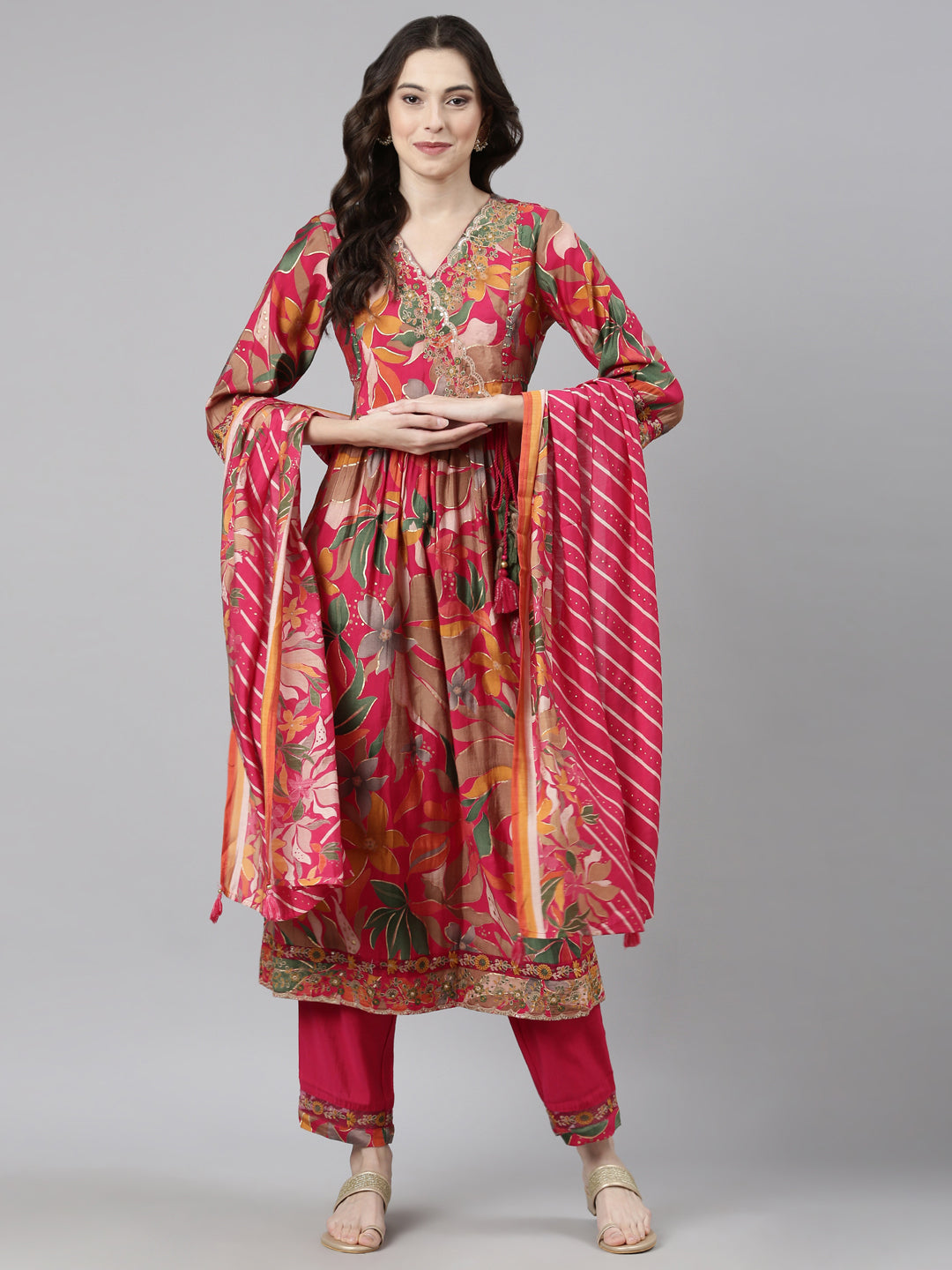 Neerus Pink Casual Floral Anarkali Kurta and Trousers With Dupatta