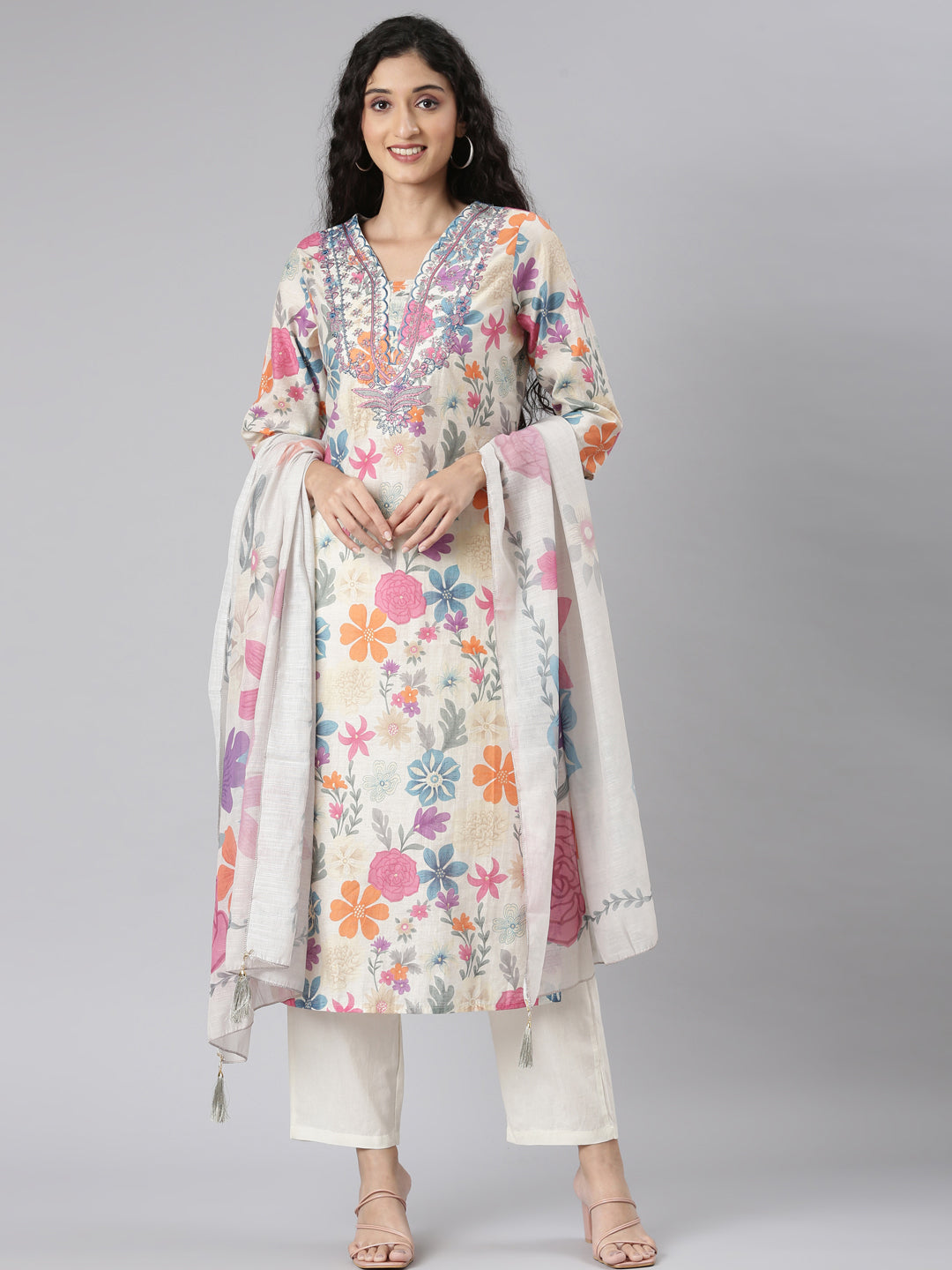 Neerus Multi Straight Casual Floral Kurta and Trouser with Dupatta