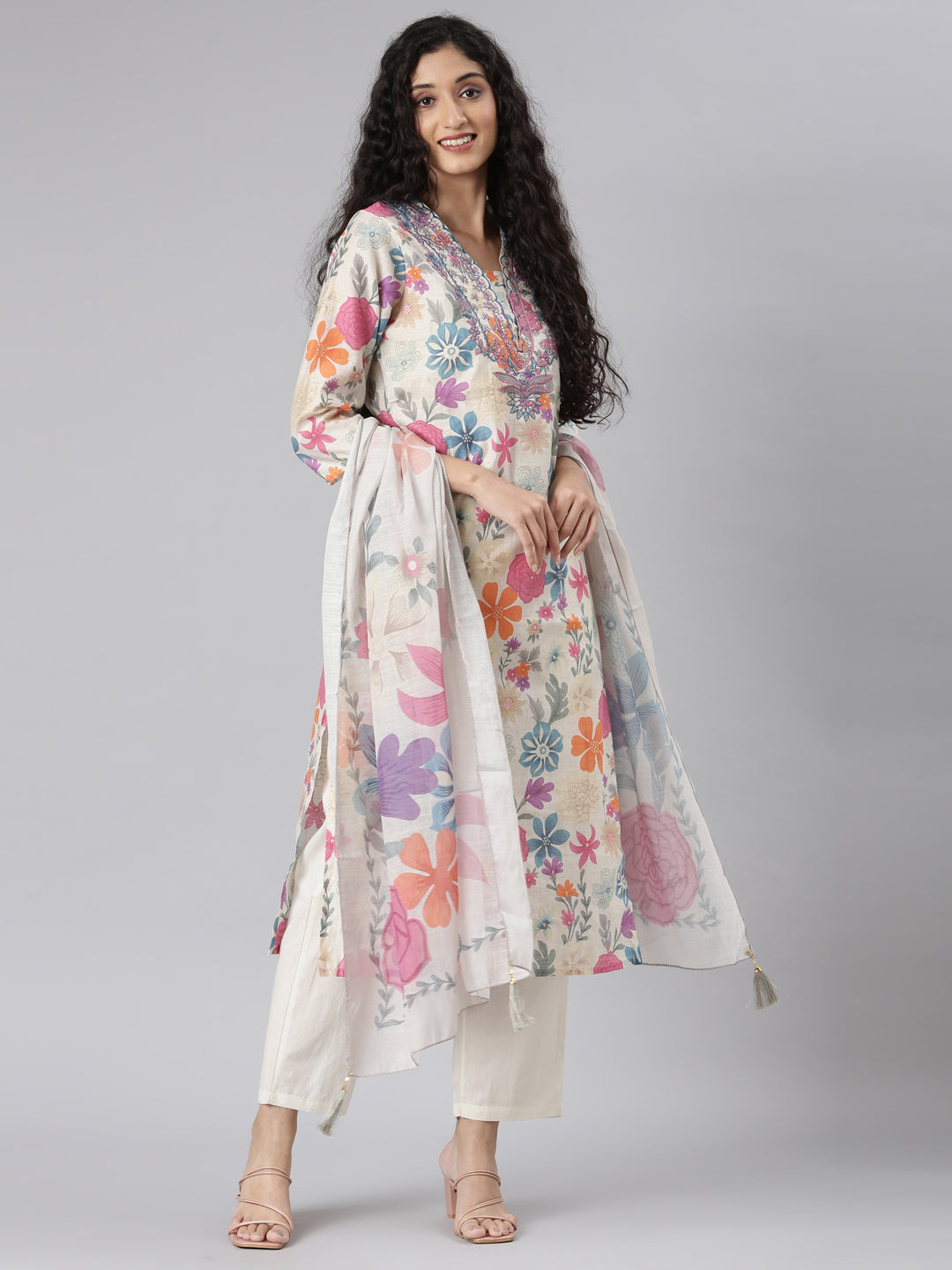 Neerus Multi Straight Casual Floral Kurta and Trouser with Dupatta