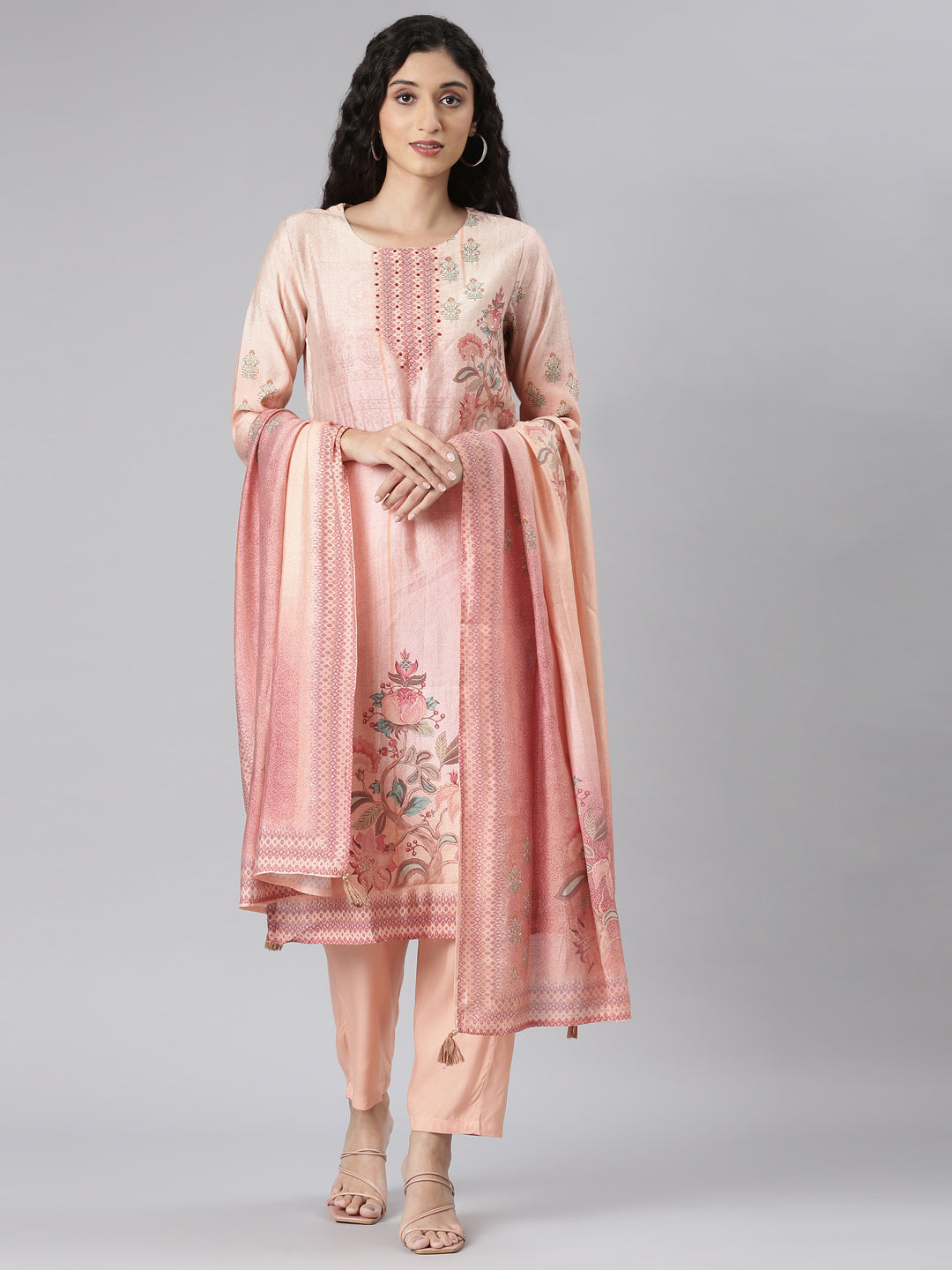 Neerus Peach Straight Casual Floral Kurta and Trouser with Dupatta