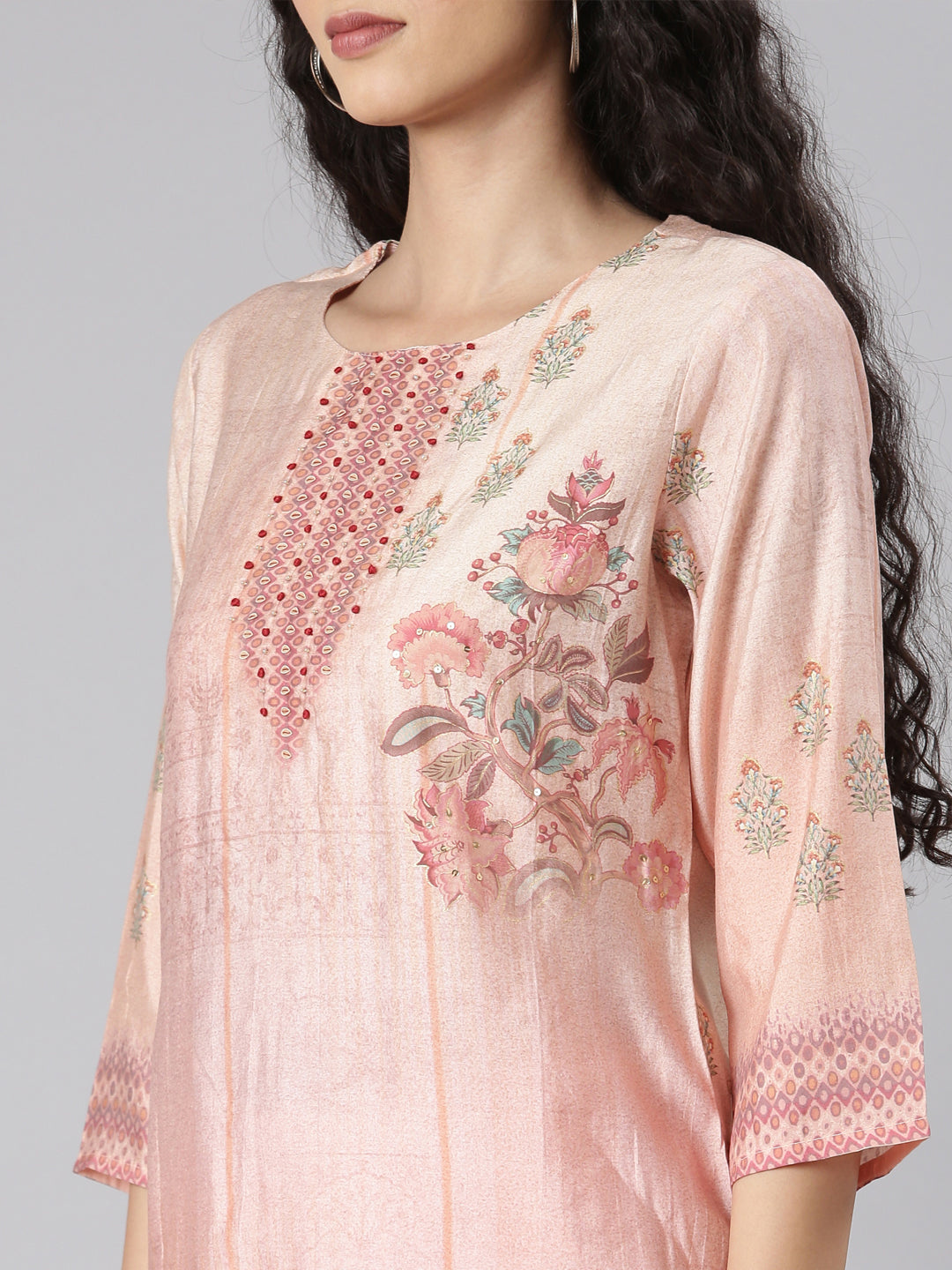 Neerus Peach Straight Casual Floral Kurta and Trouser with Dupatta