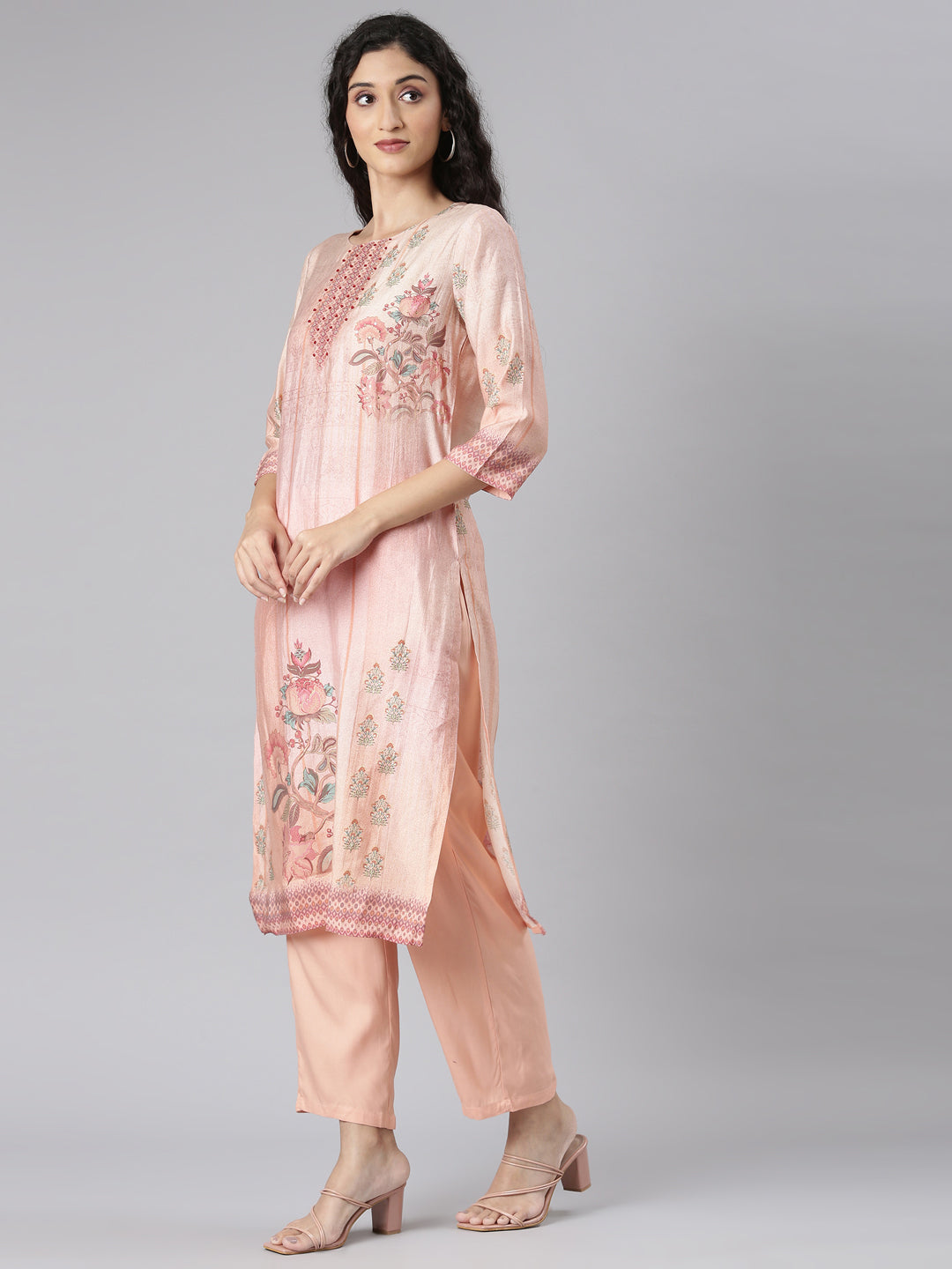 Neerus Peach Straight Casual Floral Kurta and Trouser with Dupatta